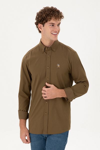 U.S. Polo Assn. Ανδρικό μακρυμάνικο πουκάμισο χακί 50292088-VR027