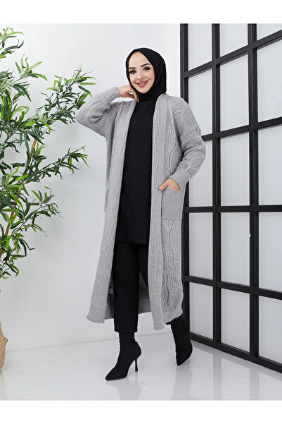 KADIN TAŞ RENGİ ÖRGÜ DESENLİ CEPLİ  TRİKO HIRKA