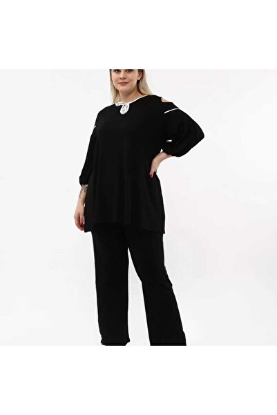 BİrHoşButik Plus Size Full Lycra Pre-Lace Shoulder Open Bol Cut Trend Imported Viscose Fabric V-Neck Suit