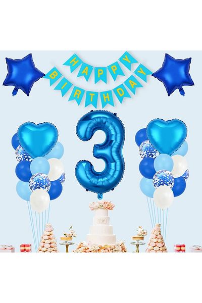 DÜVENCİ TİCARET Happy Birthday Blue Heart Big Star Age Balloon Set