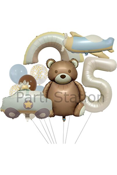 Parti Station Retro Ayıcık Polis Arabası Gökkuşağı Uçak Konsept 5 Yaş Balon S...