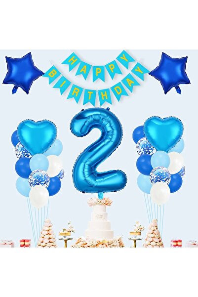 DÜVENCİ TİCARET Mutlu Doğum Günü Mavi Kalp Büyük Yıldız YAŞ BALON SET