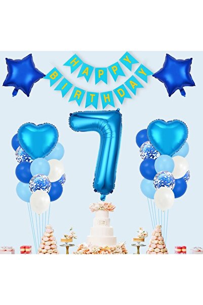 DÜVENCİ TİCARET Mutlu Doğum Günü Mavi Kalp Büyük Yıldız YAŞ BALON SET