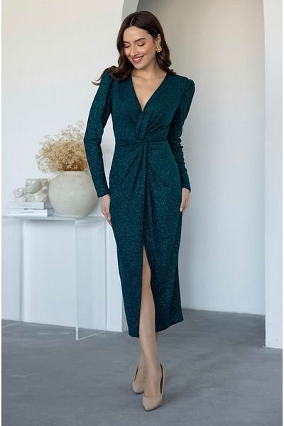 Afiş Butik Emerald Green Glitter V-Neck Drawstring Detail Midi Dress