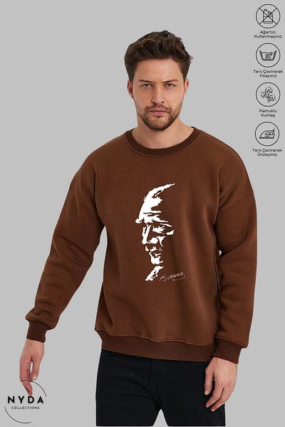 Nyda Collections Унисекс суитшърт с дълъг ръкав, щампа на Ататюрк и силует, кръгло деколте, без качулка и повдигнати връзки