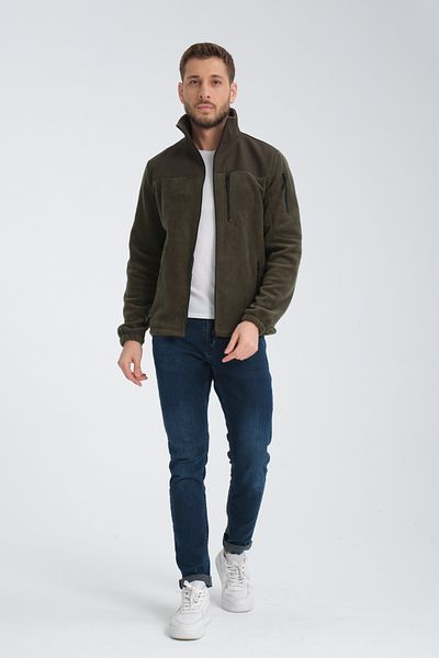 Store Men's Khaki Full Zipper Antipilling Non Pilling Softshell Garnished Fleece Jacket