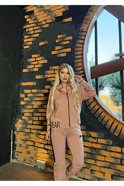 MİMİ Luxury Wear Lycra Beige Women's Tracksuit Set - Zippered, Embroidered, 2 Thread