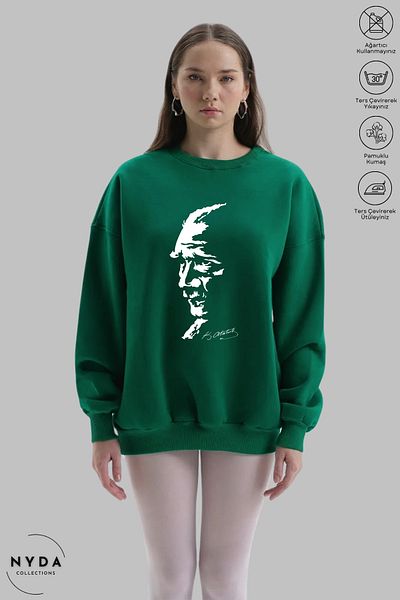 Nyda Collections Унисекс суитшърт с дълъг ръкав, щампа на Ататюрк и силует, кръгло деколте, без качулка и повдигнати връзки