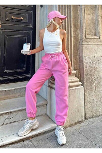 blausee wear Ροζ γυναικείο παντελόνι - Χοντρό και χειμερινό βασικό μοντέλο Jogger