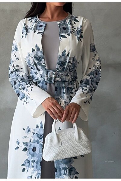 WellWay Imported Babel Fabric Floral Print Self-Piece Gray Dress (Include Belt)