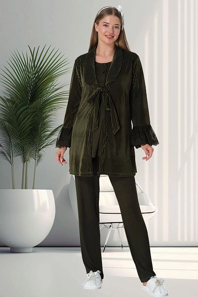 EM&FA TEKSTİL 5910 Maternity Pajama Set with Green Velvet Dressing Gown