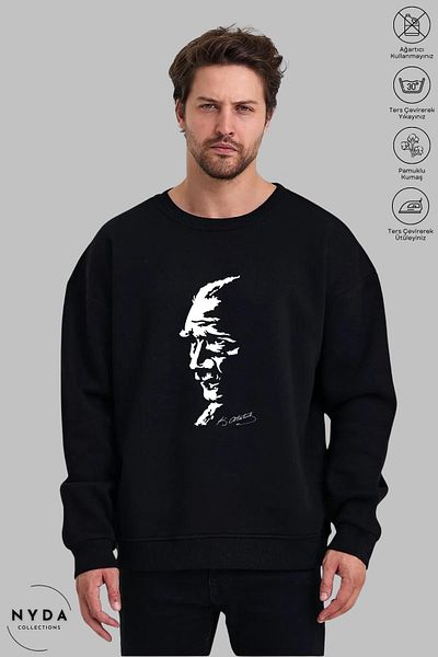 Nyda Collections Unisex μακρυμάνικο Ataturk Silhouette με στάμπα με λαιμόκοψη χωρίς κουκούλα Raster Oversize φούτερ
