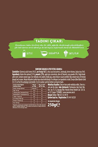 Rawsome Glutensiz Yerfıstıklı Kakaolu Granola 250 g