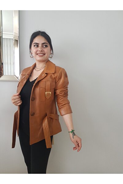 FERGAN KADIN TABA BEL KUŞAKLI HAKİKİ DERİ CEKET