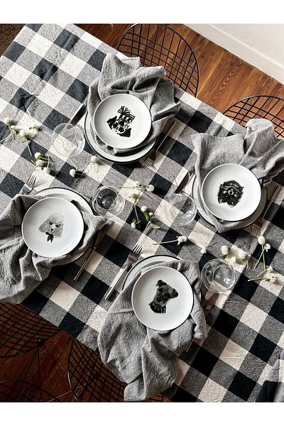 EVYA Runner de lenjerie de rață Gingham - 40x110 cm, Service american, rezistent la pete, culoare neagră