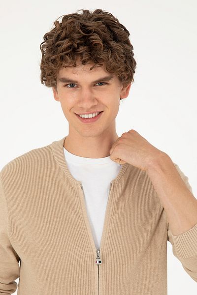 U.S. Polo Assn. Men's Sand Melange Basic Knitwear Cardigan 50293528 -Vr123