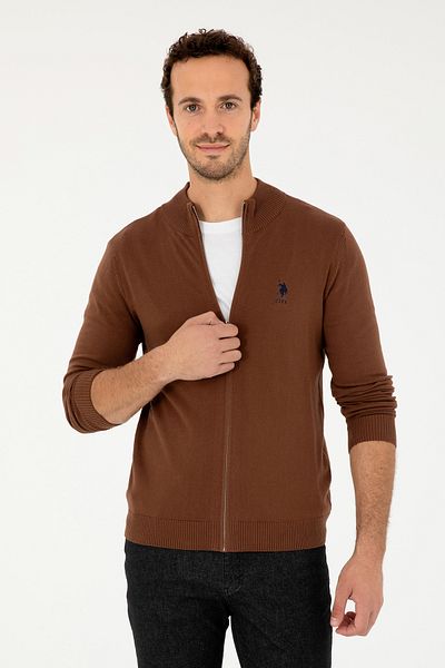 U.S. Polo Assn. Ανδρική καφέ βασική πλεκτή ζακέτα 50293526 -VR029