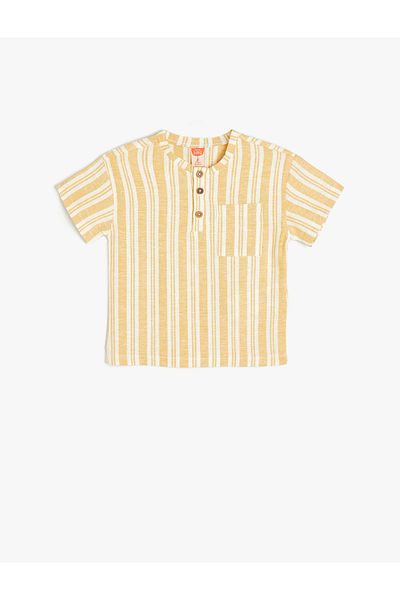 Koton Linen Blended Crew Neck Shirt - Button and Pocket Detail