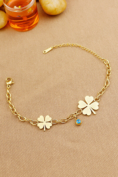 Keyifli Hayaller Çift Yoncalı Nazar Boncuklu 316L Gold Halka Zincir Çelik Bil...