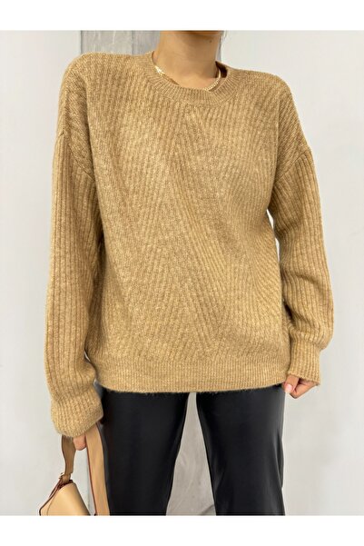 Modamorfo Mink Crew Neck Diamond Patterned Knitwear Sweater
