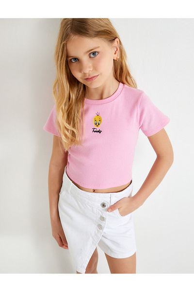 Koton Tweety Crop T-Shirt με άδεια κοντό μανίκι, βαμβακερή λαιμόκοψη
