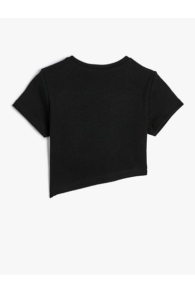 Koton Crop T-Shirt Ασύμμετρη μέση με στάμπα βαμβακερό