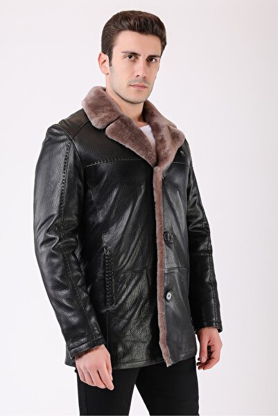 Leather Club Siyah Kürk İçlikli Hakiki Deri Kaban