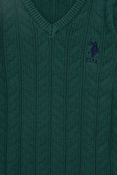 U.S. Polo Assn. Pulover pentru băiat verde închis, de bază, cu decolteu în V 50293535-VR079