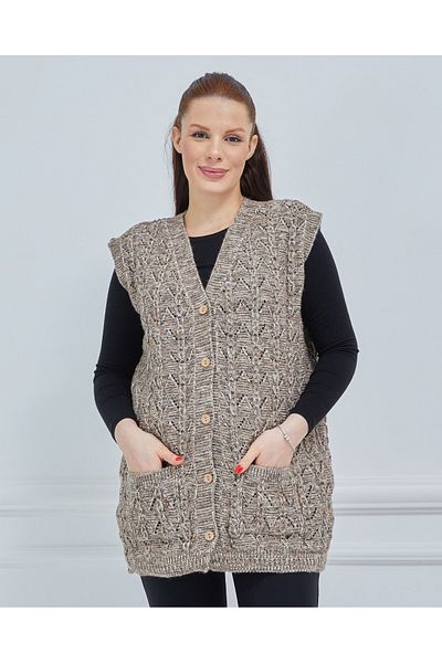 Fresh&Moda Γυναικείο πλεκτό γιλέκο με καρό σχέδιο, παχύ μανίκι για τον χειμώνα, με τσέπες.