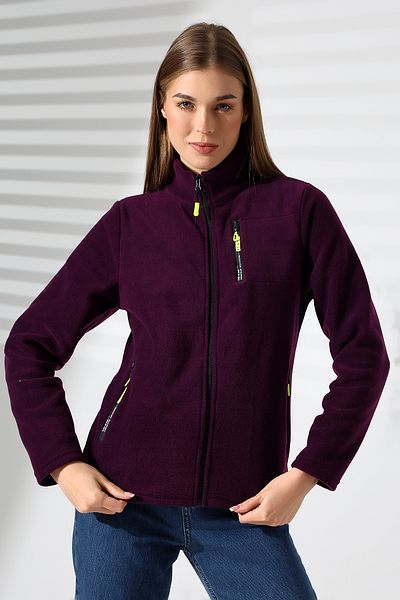 TİJA Women's Purple Fleece Cardigan with Zipper Pockets, Jacket, Anti Pilling Non-Pilling Fleece