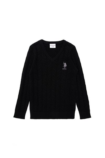 U.S. Polo Assn. سترة للأولاد باللون الأسود الأساسية برقبة على شكل حرف V 50293535-VR046