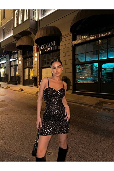 nikamoda Kadın Askılı Göğüs Gloplu Pul Payetli Mini Elbise