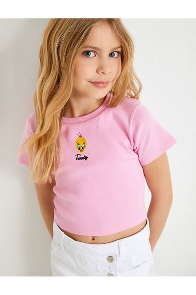 Koton Tweety Crop T-Shirt με άδεια κοντό μανίκι, βαμβακερή λαιμόκοψη