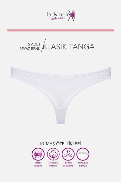 LadyMelex Women's Thong, White Classic Thong, 5-Pack, 100% Comfortable Soft Fabric