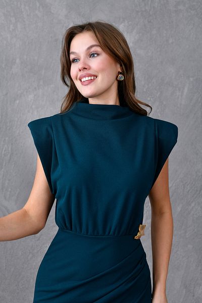 ZISHAN Metal Brooch Detail Waist Draped Padded Wrap Cut Women's Dress 409