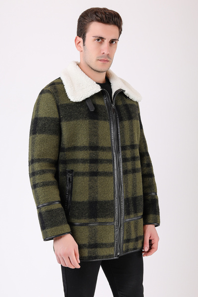 Leather Club Haki Ekoseli Yün Kürk Kaban