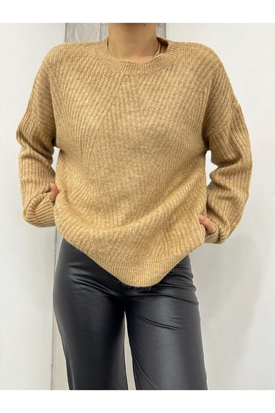 Modamorfo Nerzfarbener Strickpullover mit Rundhalsausschnitt und Rautenmuster