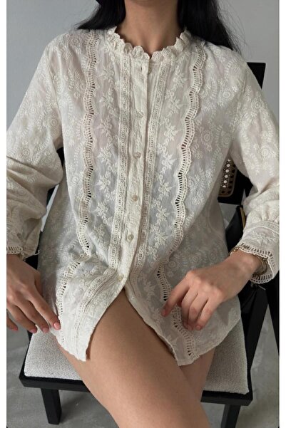 Astrea Butik UZUN KOL GÜPÜR DANTEL GÖMLEK