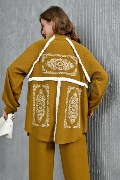 Miss Allos Women's Back Embroidered Stripe Tassel Detailed Knitted Knitwear Kimono Jacket and Pants Bottom Top Set