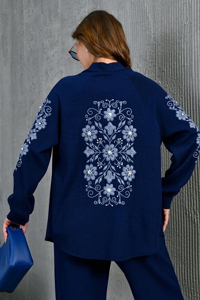 Miss Allos Women's Back and Sleeves Embroidered Pearl Detailed Knitted Knitwear Kimono Jacket and Trousers Bottom Top Set