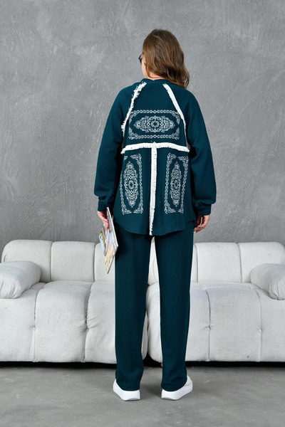 Miss Allos Women's Back Embroidered Stripe Tassel Detailed Knitted Knitwear Kimono Jacket and Pants Bottom Top Set