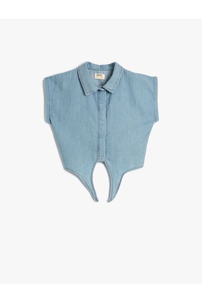 Koton Crop Denim Shirt Short Cotton with Front Tie Detail