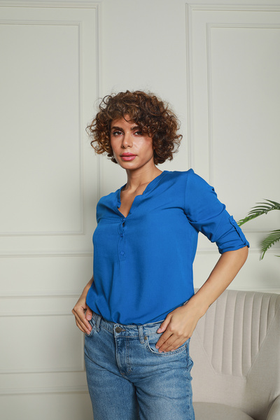 Butik Lacivert Hakim Yaka Yarım Patlı Viskon Gömlek 1500064