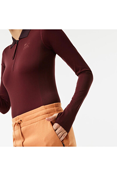 Lacoste Active Kadın Slim Fit Uzun Kollu Yarım Fermuarlı Desenli Bordo Body