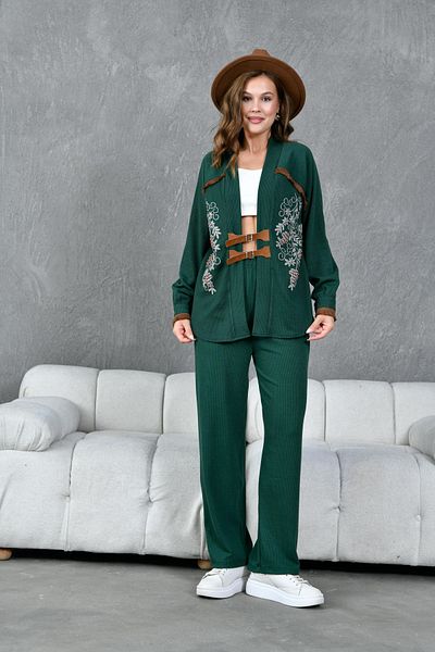 Miss Allos Women's Knitted Knitwear Kimono and Trousers Set with Embroidered Stripe and Tassel Detail - Leather Belt