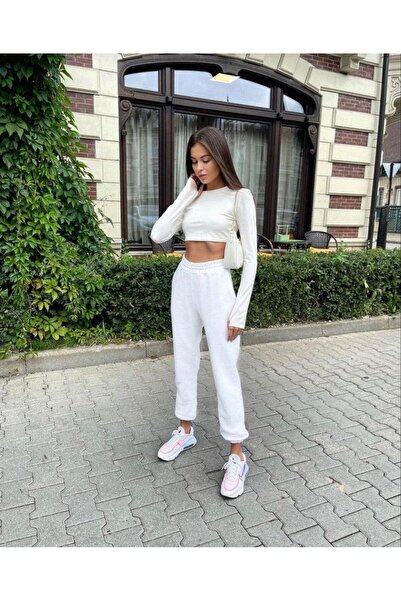 Butik Kadın Beyaz Kışlık 3 Iplik Içi Şardonlu Yüksek Bel Basic Jogger Eşofman...