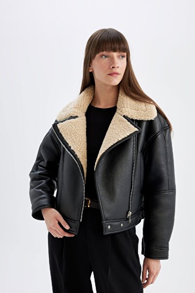 DeFacto Palton impermeabil din piele artificială, supradimensionat, cu croiala largă, cu rever dublu, cu fermoar, căptușit sezonier cu blană artificială