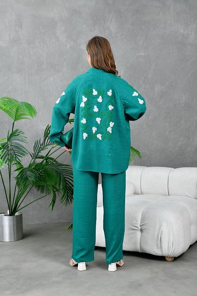 Miss Allos Linen Kimono Jacket and Trousers Set with Embroidery Detail - Women