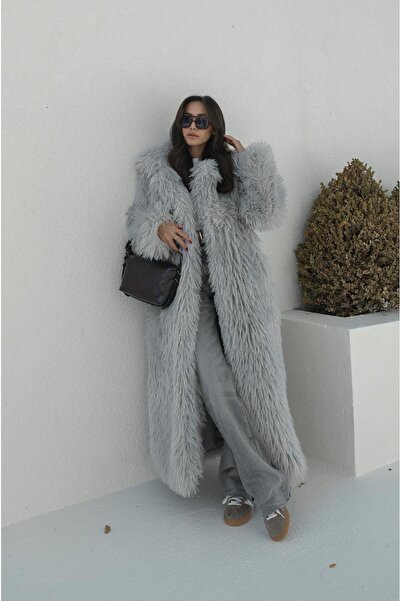 Havoş Γκρι μακρύ παλτό από ψεύτικη γούνα