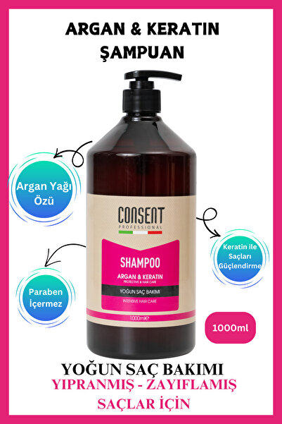 Consent Professionall Argan & Keratin Şampuan 1000ml – Onarıcı, Güçlendirici & Parlaklık Veren Bakım